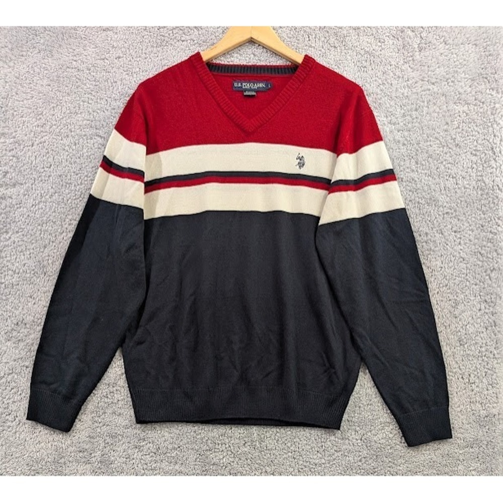 US Polo Assn Sweater Men's Large Red White Blue Striped V Neck Pullover